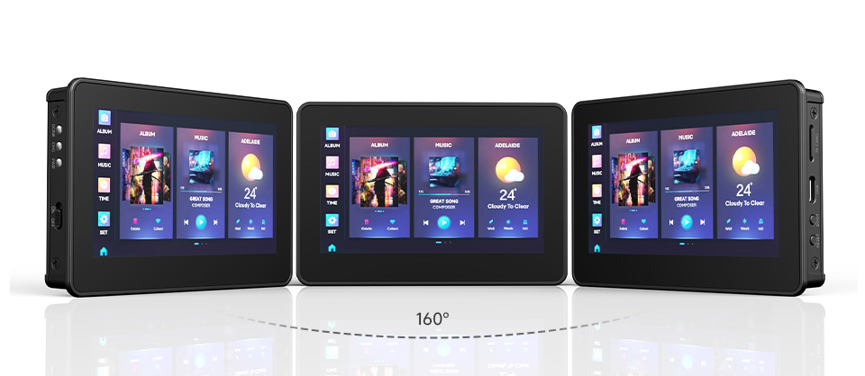 RP2350 4.3 英寸电容触控屏开发板可视角度为160度，使用了三个屏幕不同视角展示