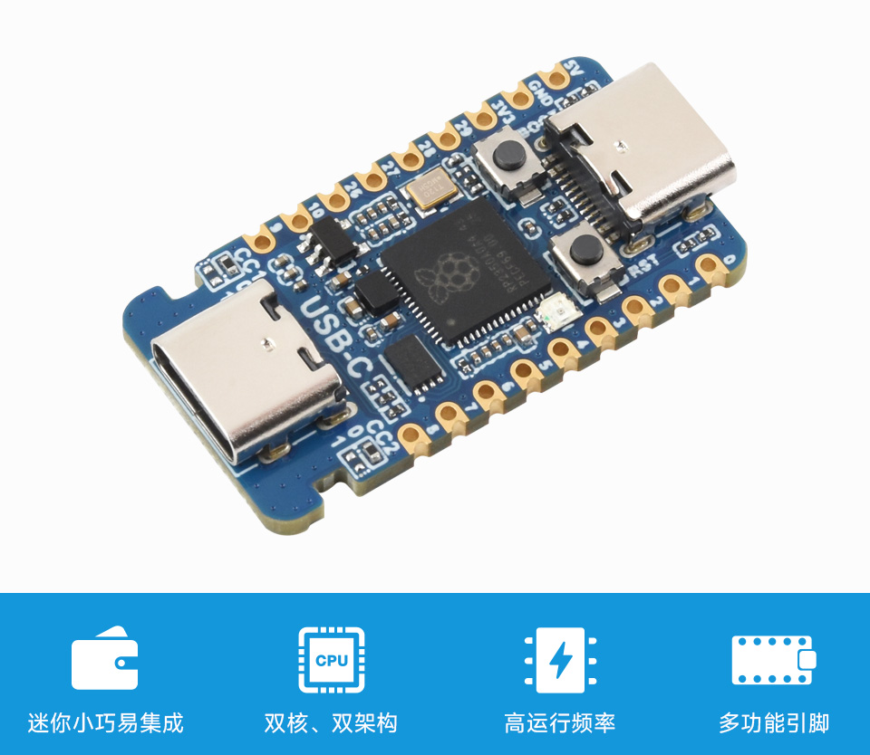 RP2350-USB-C 迷你开发板卖点图标，包括：迷你小巧、双核双架构、高运行频率、多功能引脚