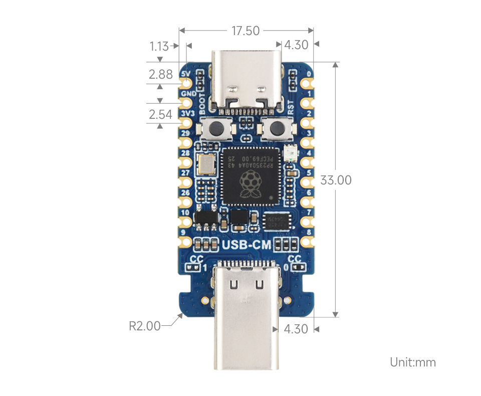 RP2350-USB-CM 公口版迷你开发板产品尺寸