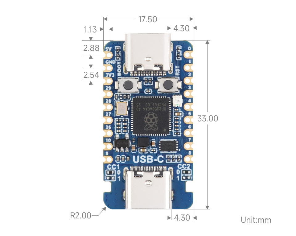 RP2350-USB-C 迷你开发板产品尺寸