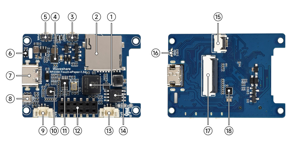 RP2350 1.54 英寸墨水屏开发板板载资源标注说明图