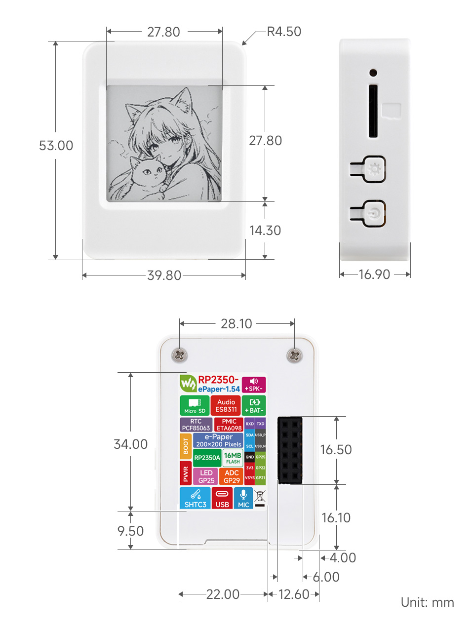 RP2350 1.54 英寸墨水屏  开发板产品尺寸图